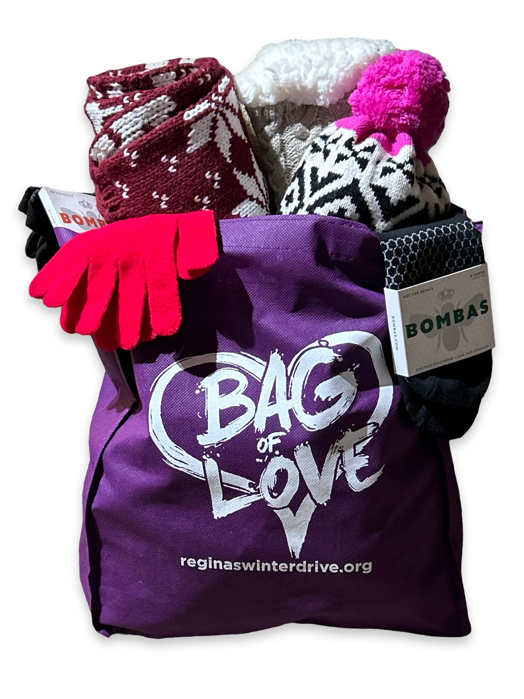 A Bag of Love filled with a knit scarf, hat, gloves and warm socks